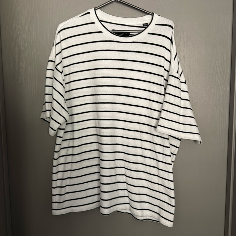All Saints White and Black Striped Short Sleeve Tee